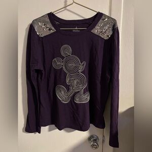 Disney Parks Mickey Mouse Womens XL Purple Long Sleeve Sequin Shoulder Top
